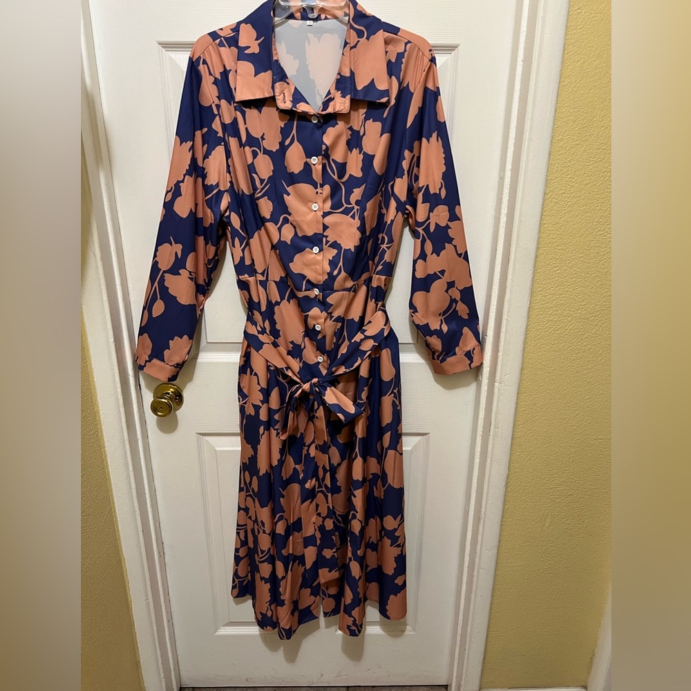 Danny & Nicole Navy and Peach Floral Button-Front Midi Dress